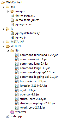 Folder structure - Gridview - Struts2 - DataTable 2